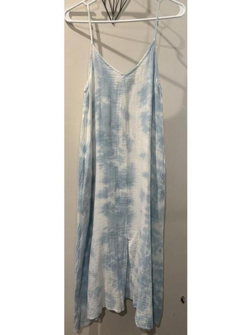 STARK X Women's XS Cotton Sky Blue Tie Dye Maxi Dress Boho with pockets